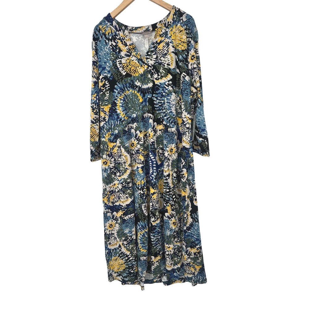 Chico's Shelly Floral Drop Midi Dress L Coastal Grandma Pockets Casual Feminine